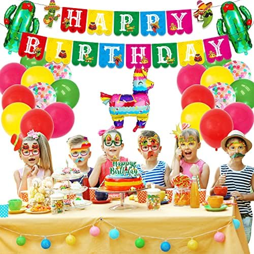 Decorações de festas de aniversário com temas mexicanos, 78 PCs Fiesta Taco Birthday Party Festes for Girls - banner de aniversário, capota de bolo, balão de látex, balão de papel alumínio, redemoinhos pendurados, copos de papel. Convites