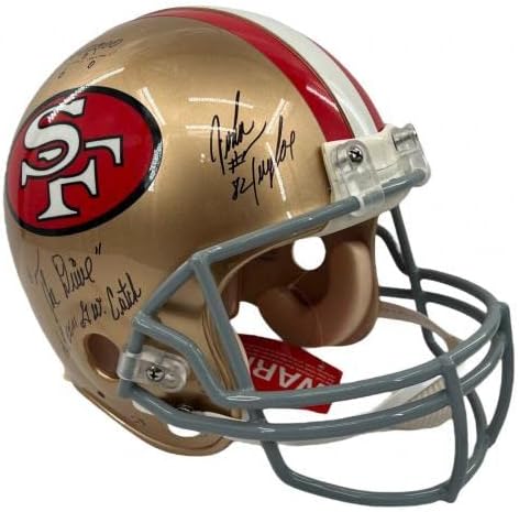 Joe Montana Dwight Clark John Taylor assinou o capacete f/s com o esboço de captura PSA - capacetes NFL autografados