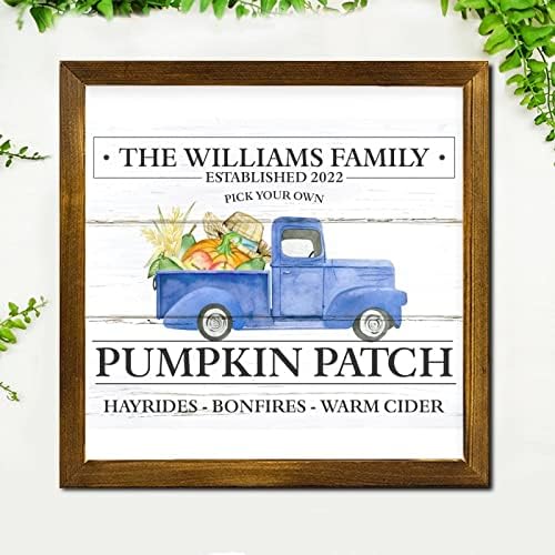 Nome personalizado Pumpkin Patch Blue Truck Sinais de madeira emoldurados Maple Folhas Decoração de parede Signo da fazenda