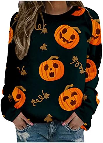 Ruziyoog Halloween Women Sweatshirts Pumpkin Print Print Casual Pullover solto Blusa Crew pescoço engraçado camisetas gráficas