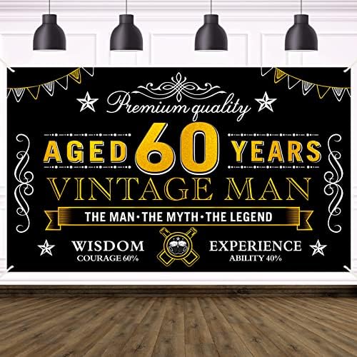 Feliz 60º aniversário decorações de bandeira de aniversário para homens, Black Gold Vintage 60 Aniversário Plate Festa de festa