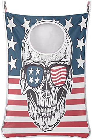 American Skull Sunglasses Sol da bandeira dos EUA Saco de lavanderia pendurada, sobre a porta do cesto de lavanderia, bolsa de armazenamento durável e durável pendurada cesta de roupas sujas com zíperes de fundo para dormitório do quarto do banheiro