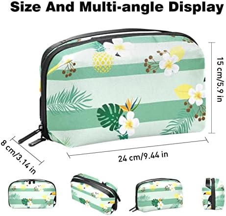 Bolsa de maquiagem Padrão listrado verde TOUCANOS Floral Abacaxi Folhagem Bolsa de maquiagem Organizador de zíper