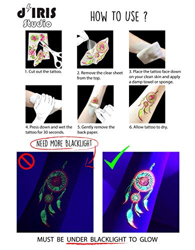 Tatuagens temporárias - 1 folha Novo design de sereia ART Blacklight Light Light Festival Acessórios Glow in the Dark Party Supplies | 7,2 ”x 5,2” Tattoos temp Ótimo para festas de rave EDC EDC EDC