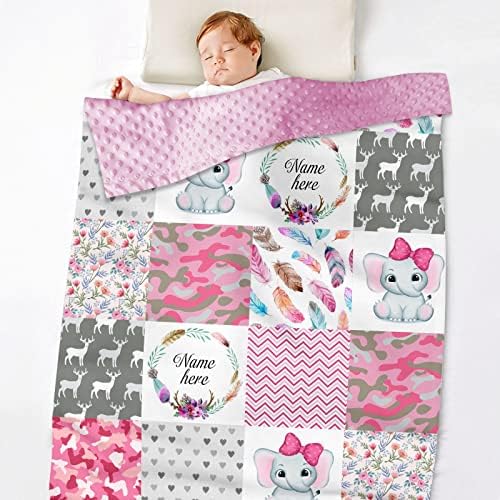 Cobertor personalizado de bebê com nome para meninas, cobertor de bebê de elefante fofo rosa, cobertor de penas florais de penas macias com apoio pontilhado