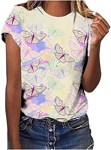Camiseta colorida de borboleta feminina Camiseta de borboleta curta de manga curta Bloco de cor do pescoço da natureza