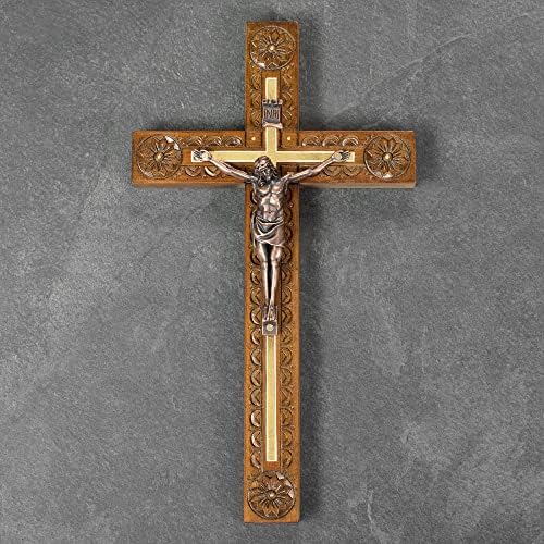 Crucifixo de crucifixo esculpido à mão Asterom para decoração de casa - Crucifixo de parede católica de madeira - 12 polegadas