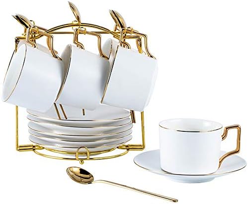 Witpak Personality Gold Gold Trim estilo nórdico conjunto de chá de chá de cerâmica, incluindo xícaras de chá do estilo 6 PCs e sacuers com suporte de metal para o jantar de chá de chá de chá para café e escritório conjunto de jantar (cor: branco, tamanho: