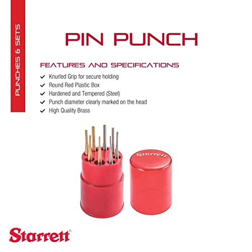 Starrett Steel & Brass Drive Pin Pin Conjunto com Grip Surnled em Caixa de Plástico Red Red - 4 Comprimento, conjunto de 8 - S565WBS
