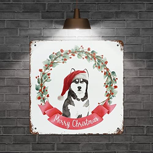 Guangpat Vintage Letre de Natal Feliz Natal Aluminum Metal Sign Christmas Wreath Pet Dog Metal Metal Poodle Dog Wall Art Rústico decoração