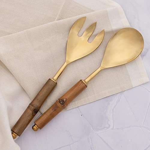 Utensílios de servir folcultura para servir e cozinhar modernos, servidores de salada de aço inoxidável ou pinças de salada, jogador de salada de 12 polegadas, servir colher e garfo com alça de bambu, ouro