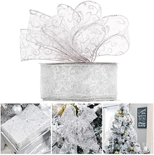 Fita de fita de natal prateada de 2-1/2 polegadas prata glitter swirl fita com fio para grinaldas árvores de natal fita férias fita fita organza fita de borda com fio para arcos, decoração de casa