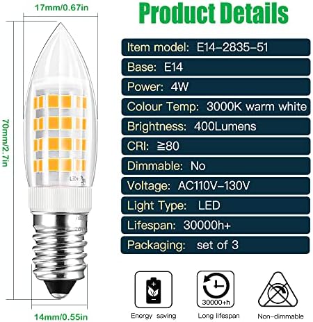 Lâmpadas LED E14 CQTLED, 4W 400LM WAX BLANCE 3000K 120V 110V, Bulbo incandescente equivalente 40W, 3-pacote