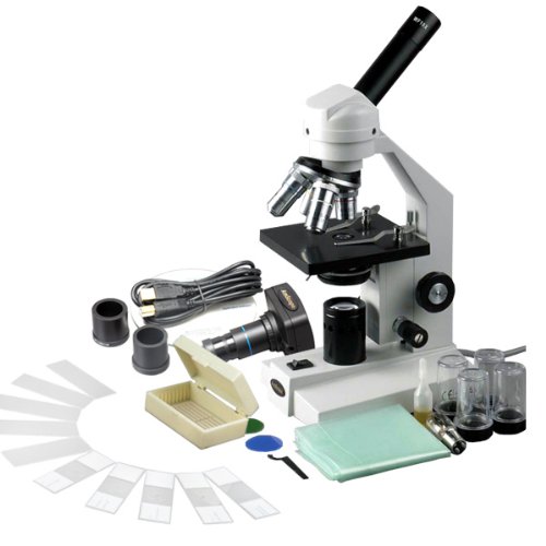 AMSCOPE 40X-1600X Microscópio de composto de estudante avançado + câmera digital USB + 10pc Slides preparados e em branco