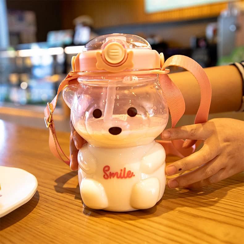Garrafa de palha de urso kawaii, garrafa de água em forma de urso kawaii rosa com palha e cinta, garrafas de água