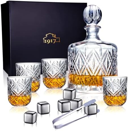 1917 - Decanter de uísque de cristal Conjunto para homens em uma bela caixa de presente - 37 onças, o conjunto de decantadores de bebidas clássicas inclui 4 copos de uísque e 6 pedras refrigeradas de aço inoxidável para escocês, bourbon, vinho ou rum