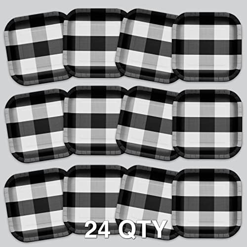 Havercamp Black & White Plaid 9 pol. Placas! 24 Placas quadradas, pesadas, de papel com detalhes de xadrez maravilhosamente