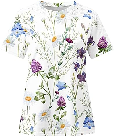 Blusas para mulheres renda de renda de manga curta renda no pescoço de pescoço de borboleta gráfica floral solta top