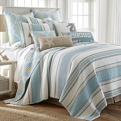 Levtex Home - Kailua Quilt Conjunto - Queen Quilt + dois travesseiros padrão shams - Stripe - Blue Teal Taupe Cream - Quilt and Pillow Shams - reversível - tecido de algodão