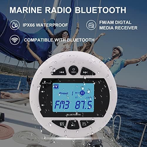 Rádio marítimo e alto -falantes de Herdio definido com Bluetooth, unidade de cabeça de bitola marítima+6,5 polegadas de rubor marinho de parede alto -falantes de teto+borracha flexível mastro FM Antena