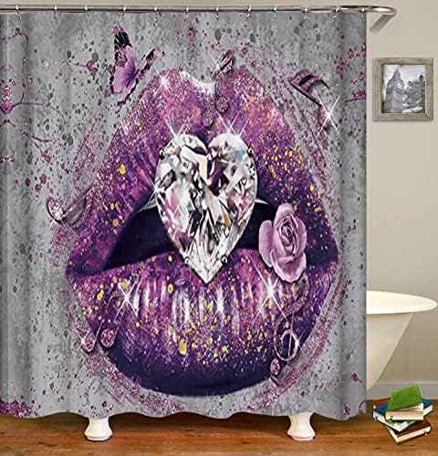 Conjunto de cortina de chuveiro de lábios roxos de Gudaguu, flor de borboleta com decoração de banho de tecido com tecido de diamante brilhante com ganchos de plástico, kit de acessório de banheiro de 71 polegadas de 71 polegadas de comprimento de 71 polegadas