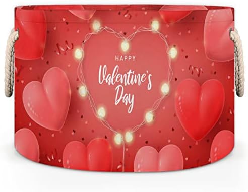 Dia dos Namorados Vermelho Love Heart Grandes cestas redondas para cestas de lavanderia de armazenamento com alças cestas