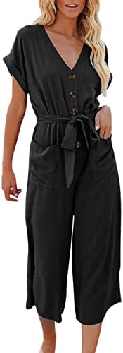 NYYBW Women Casual Solid V pescoço de manga curta Bolso de macacões de pernas largas macacões com roupas de clube de cinto para mulheres