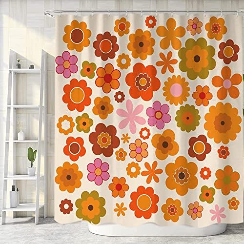 Cortina de chuveiro de flores retrô, groovy marrom laranja solar flor vintage 70s cortinas de chuveiro de tecido para banheiro