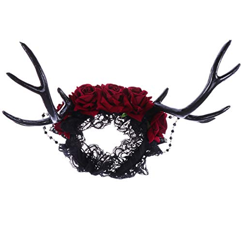 Lurrose Halloween Antlers Deer Banda da cabeça mexicana Rose Flower Crown Fantas -figurinamento gótico Lace Hair Hoops for Kids