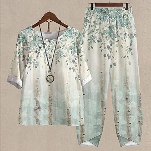 Mulheres de duas peças Roupa de verão linho de algodão 3/4 de manga Top e inferior Conjunto de calças de impressão floral