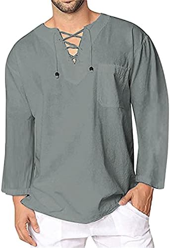 Camisa de popover de linho sólida masculina V Casual Casual Lace-up Mangas compridas Moda Hippie Beach Top