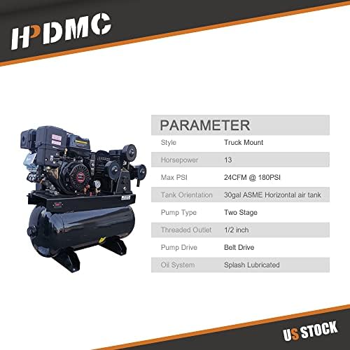 Compressor de ar movido a gás de 13hp HPDMC, tanque horizontal de 3 cilindros e 30 galões, sistema compactado de ar da bomba de pistão