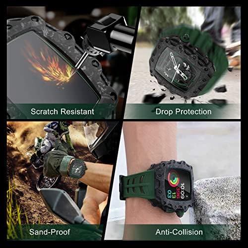 KQOO para Apple Watch 45mm 44mm Case de fibra de carbono 3in1 Tampa de pára -choques Vidro de cinta de silicone para