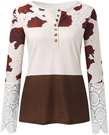 Tops de manga comprida feminina Button V Lace de pescoço de renda Henley camisas de leopardo bloco colorido bloco de ajuste slim túnica