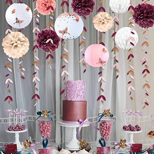 Decorações de festa rosa rosa de ouro rosa lanternas flores pom pom com adesivos de borboleta 3d e folhas de guirlanda serpentinas