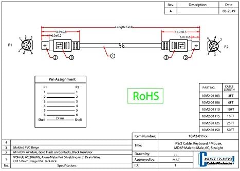 Cablewholesale Mini Din6 PS/2 Cabo do adaptador de teclado de teclado masculino para teclado, Mdin6 Pin M/M KVM Ps2 Cord, 6 condutor 28 awg, reto, bege, 10 pés, ps/2 mdin-6 masculino para macho, mini din6 cabo