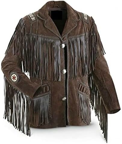 Jaqueta de cowboy estilso para homens com contas com franjas de camurça de camurça nativa americana