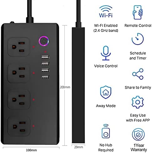 Smart Power Strip Wi -Fi Protector Smart Plug Voice Control Compatível com Alexa e Assistente do Google, controle individual do aplicativo, cronograma do timer