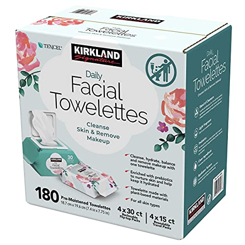 Kirkland Daily Facial Towettes, 180 CT | 180 toalhetas pré-agitadas | Hipoalergênico | Sem álcool | Pacote de flip-top de 4 x 30ct