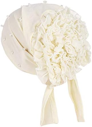 Womenie Beanie Hat Headwrap com Pearl Turban Ruffle Flower Flor Slouchy Feanie Caps for Women Muçulmano Capéu de Turro