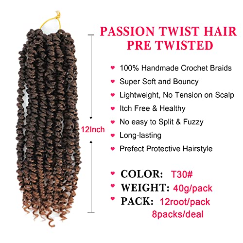 Cabelo de torção de paixão 12 polegadas 8 pacotes, paixão de paixão Twist Cabelo de crochê para mulheres negras, paixão pré -enrolada Torção de paixão Cabelo encaracolado Cabelo, Curto de crochê Paixão Twist Twist Braiding Hair Extensions, T30#)