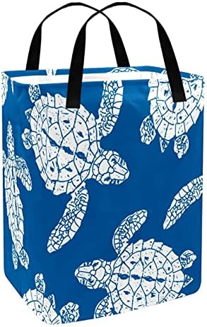 Cesto de lavanderia de kapotofu com alça, padrão de tartaruga marinha branca Blue Blue Cosce