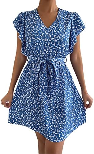 Everlanding Womens 2022 Mini vestido de verão casual traje mangas com decote floral com decote floral