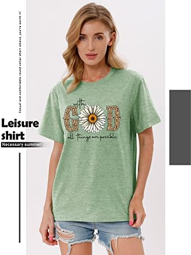 OUNA com Deus, todas as coisas são possíveis camisetas de flores Faith Sayings Daisy Leopard Prinha de manga curta Casual