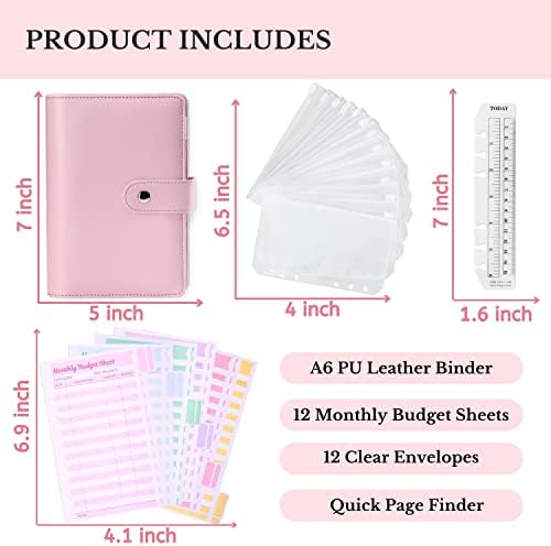 Sistema de envelope de caixa do fichário orçamentário - A6 Agradecedor de couro rosa com 6 anéis, 12 envelopes de caixa claro 12 folhas