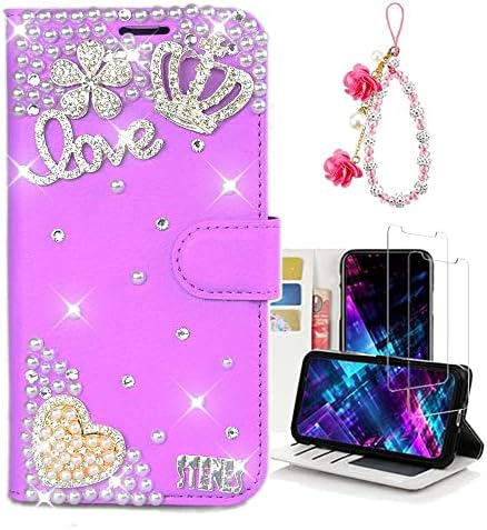Fairy Art Crystal Cartlet Caixa de telefone compatível com iPhone 14 - Crown Heart - Purple - 3D tampa de couro de glitter brilhante