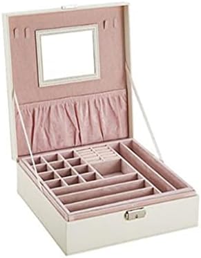Caixa de jóias com capa espelhada caixa de armazenamento de camadas duplas suporte de jóias de couro para a caixa