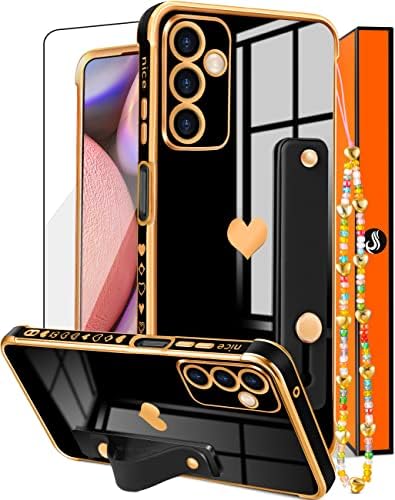 Likiyami (3in1 para o Samsung Galaxy A14 5G Case de telefone Coração para mulheres meninas Luxo feminino Luxo bonito Estético com casos de suporte roxo e dourado Corações de amor corações+tela+cadeia para A14 2023 6.6