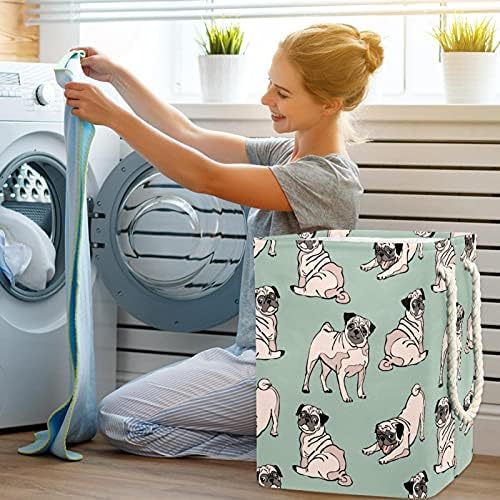 Mustard Green Dog Pug Sacos de armazenamento de cestas de lavanderia embutida com suportes destacáveis ​​cesto de roupa dobrável