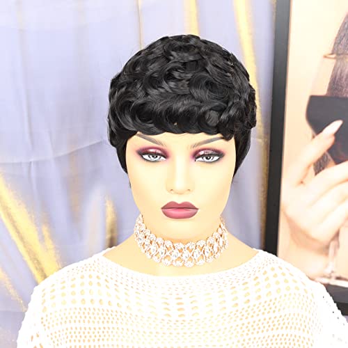 ROFA curto ondulado sintético peruca pixie cortado peruca encaracolada com franja para mulheres negras perucas para mulheres